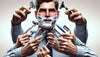 image of a man holding several razors with several arms