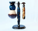 Buckeye Burl Wood Hand Crafted Shave Set with Dark Blue Resin, safety razor, 26mm lather brush and a matching shave stand. Shaving Kit CreationsByWill 