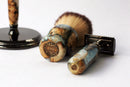 Buckeye Burl Wood Hand Crafted Shave Set with 'Travel to Jupiter'( pearl)Resin safety razor, 26mm lather brush and a matching shave stand. Shaving Kit CreationsByWill 