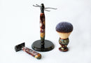Buckeye Burl Wood Hand Crafted Shave Set with 'Chameleon' Resin safety razor, 26mm lather brush and a matching shave stand. Shaving Kit CreationsByWill 