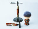 Buckeye Burl Shave Set with Gold and red swirl Resin safety razor, 26mm lather brush and a matching shave stand. Shaving Kit CreationsByWill 