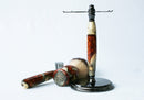 Buckeye Burl Shave Set with Gold and red swirl Resin safety razor, 26mm lather brush and a matching shave stand. Shaving Kit CreationsByWill 