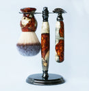 Buckeye Burl Shave Set with Gold and red swirl Resin safety razor, 26mm lather brush and a matching shave stand. Shaving Kit CreationsByWill 
