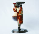 Buckeye Burl Shave Set with Gold and red swirl Resin safety razor, 26mm lather brush and a matching shave stand. Shaving Kit CreationsByWill 