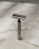 S1 Slant Razor Safety Razor Above the Tie Titanium Mirror Polish Open Comb